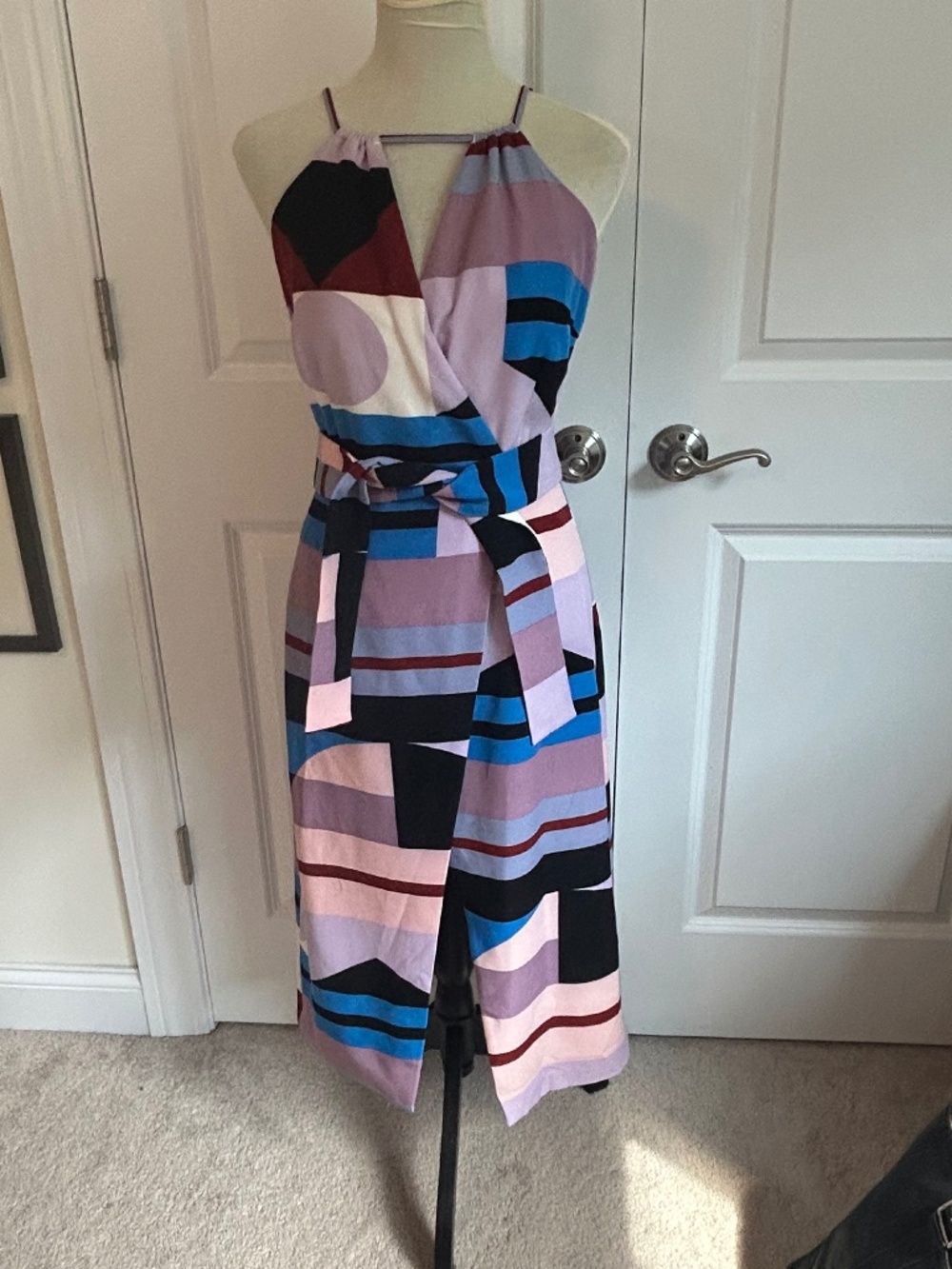 Lavish Alice Multi Abstract Print Halter Neck Midi Dress wrap front belt midi